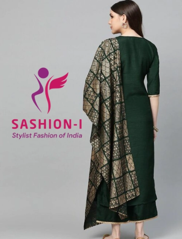 Hunter Green Gotta Chanderi Kurta Set with Festive Traditional Stole - Bottle Green